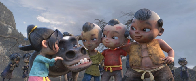 Những đứa trẻ làng Khoai sát cánh trong chuyến phiêu lưu. Ảnh: Alpha Animation Studio